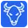A rounded blue box with a bull inside.